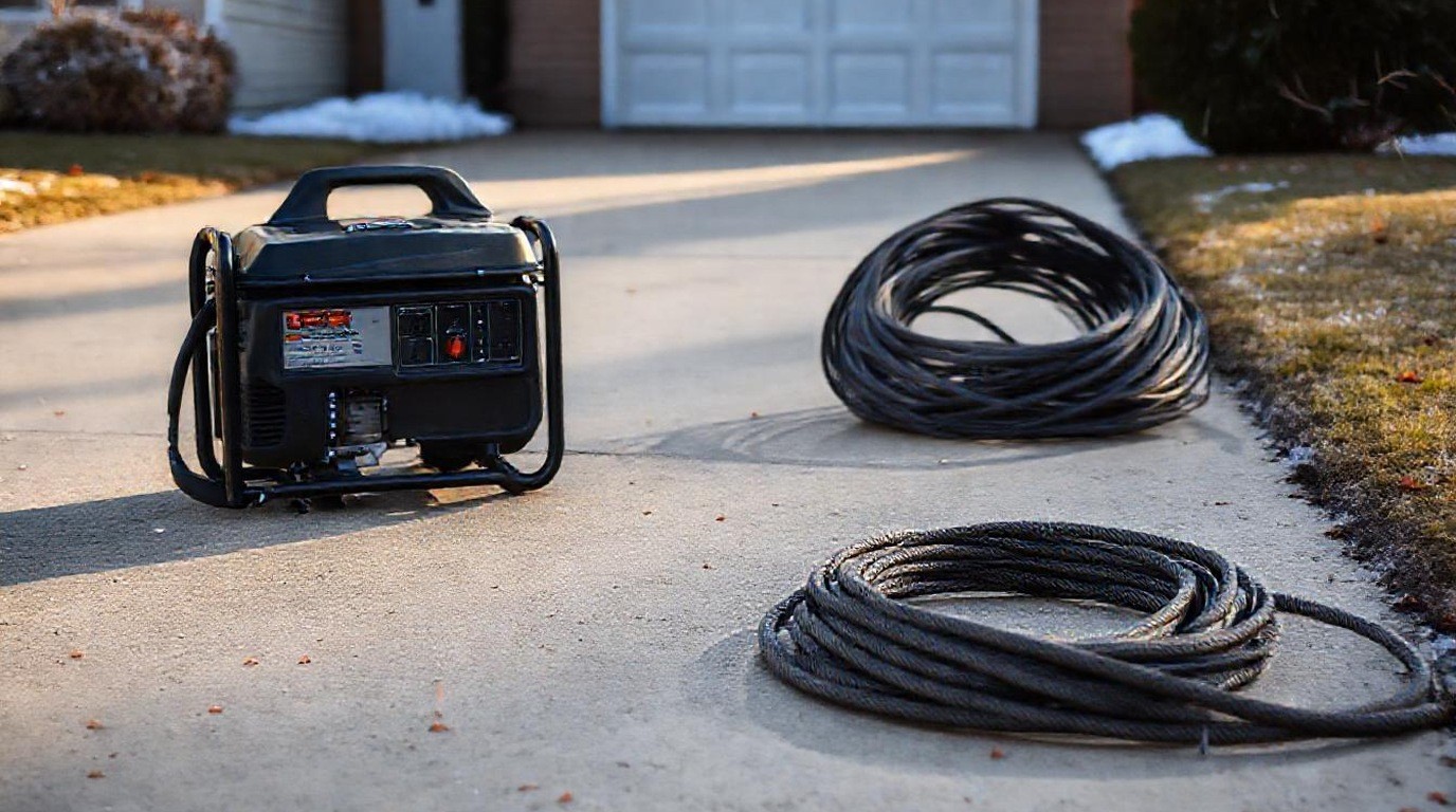 Portable generator resting on a driveway beside a neatly coiled cord