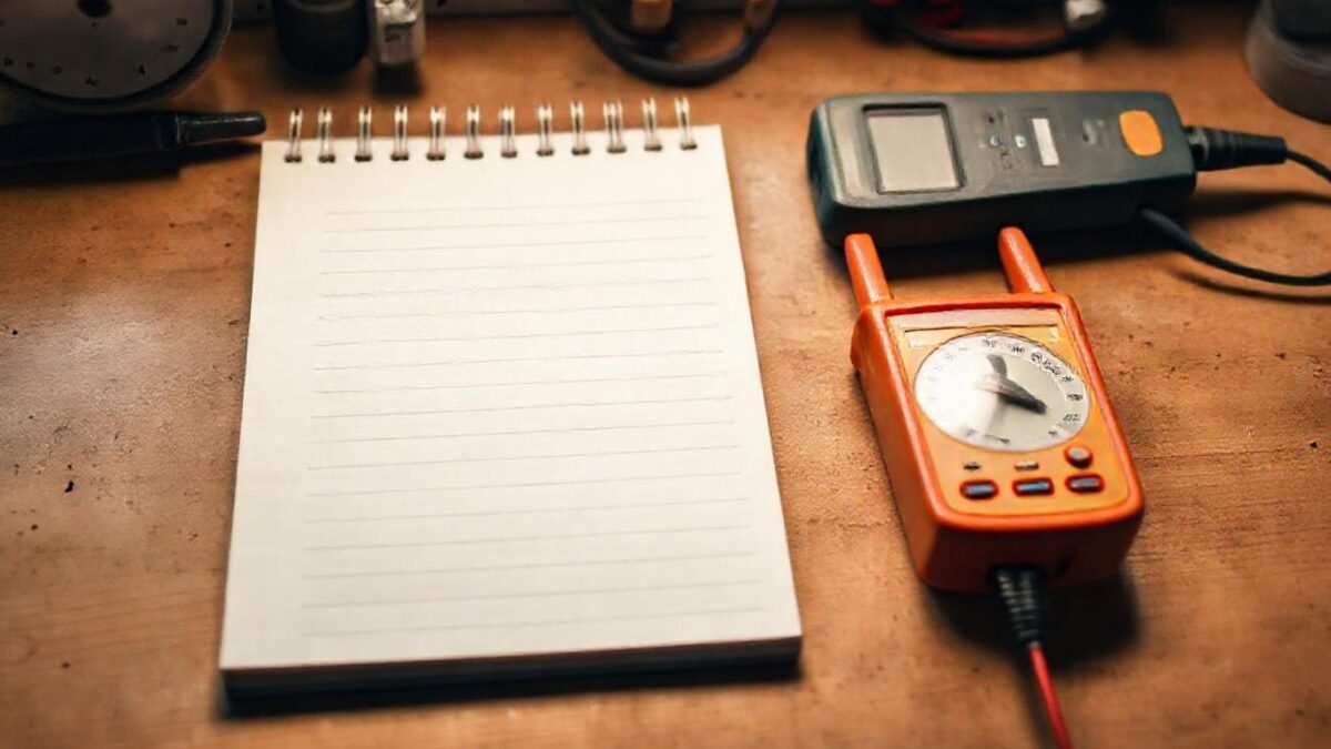 Notepad with a handwritten-looking list beside a clamp meter on a workbench