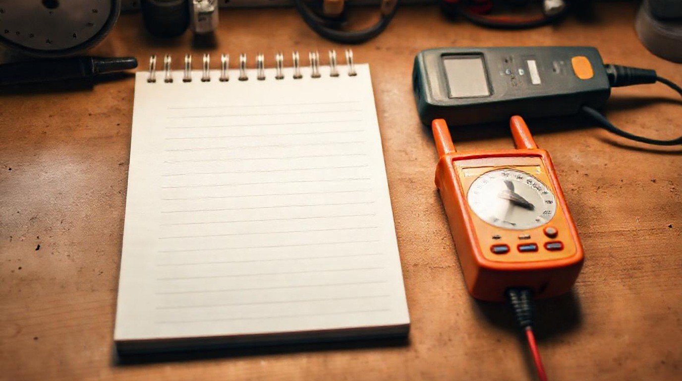Notepad with a handwritten-looking list beside a clamp meter on a workbench