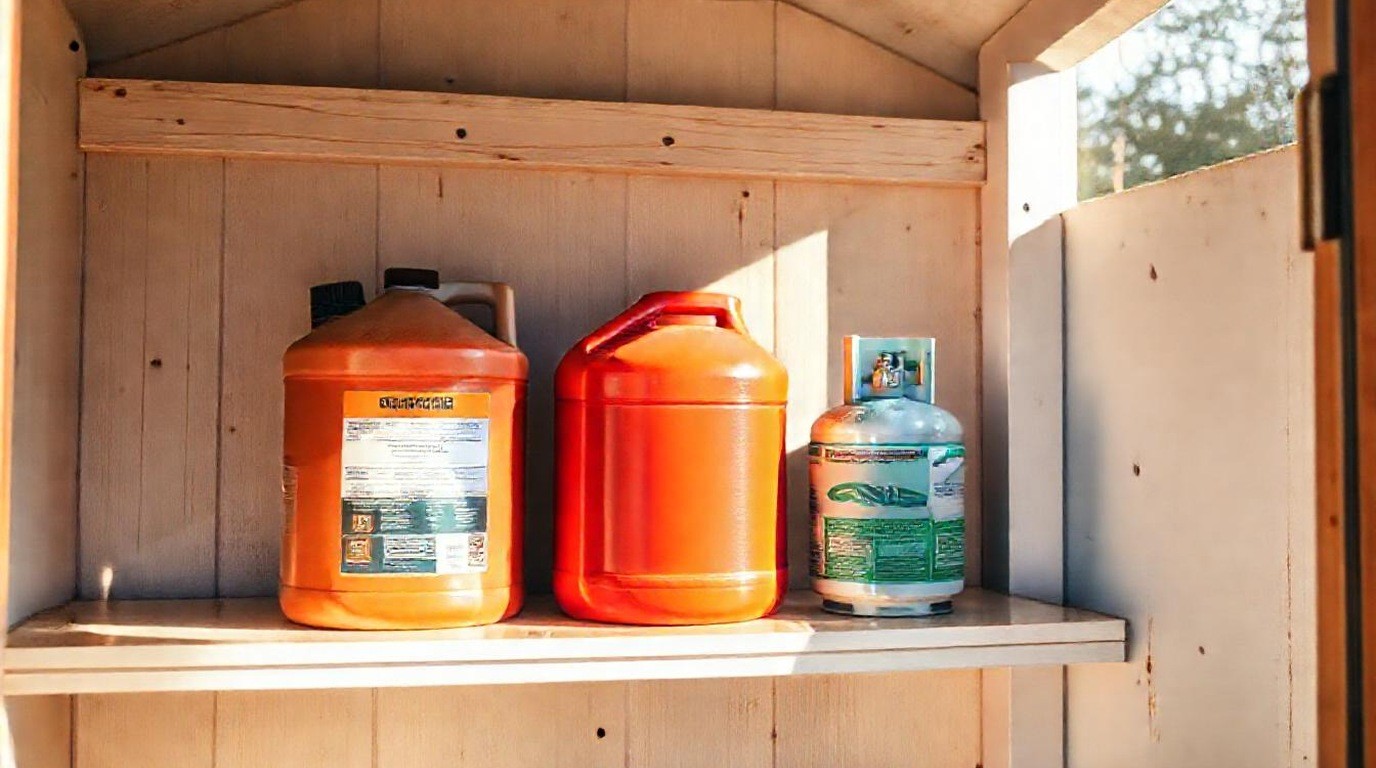 Red safety fuel cans lined up on a garage shelf