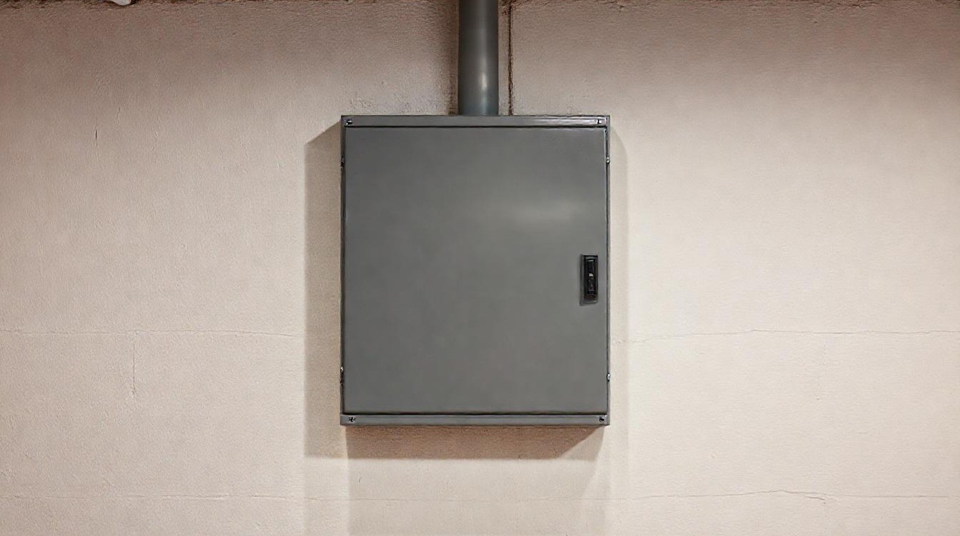 Closed electrical panel on a clean basement wall